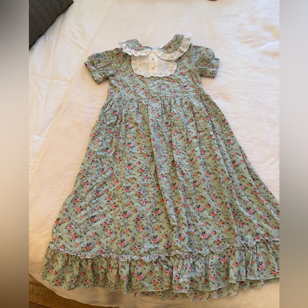 Girls' Mint Floral Ruffle Collar vintage style prairie Dress